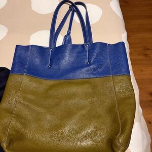 Blue and Olive Leather Tote Bag